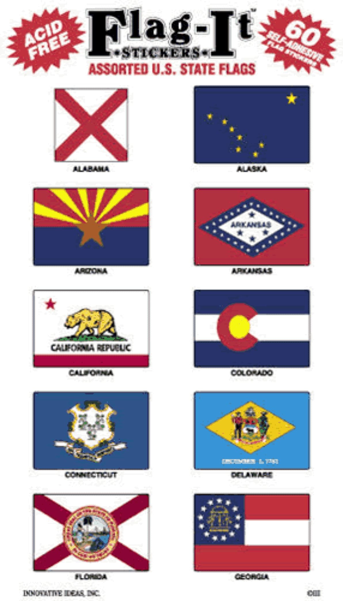 Assorted U.S. state flags on a packaging label for Flag-It stickers.