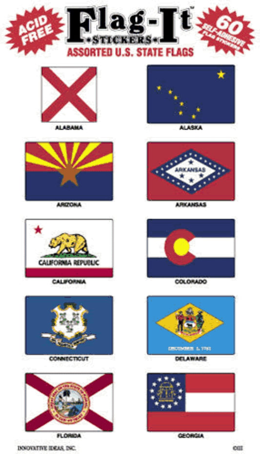 Assorted U.S. state flags on a packaging label for Flag-It stickers.